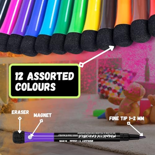 Image of Sakuya 12 Colors Magnetic Whiteboard Markers with Eraser Cap | Fine Point Tip for Kids & Teachers, Home, Office & School Supplies|Low Odor Magnetic Dry Erase Markers