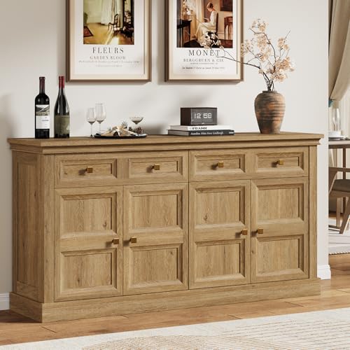 ONBRILL 63 Inch Buffet Cabinet with Storage, Large Sideboard Credenza with Drawers, 4 Doors Storage Sideboards, Accent Kitchen Coffee Bar Cabinets for Living Room Entryway, Oak Brown