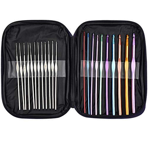 Juego de ganchos de ganchillo, 22 piezas de ganchillo de acero inoxidable y aluminio, agujas ergonómicas de ganchillo con estuche, 0,6-6,5 mm