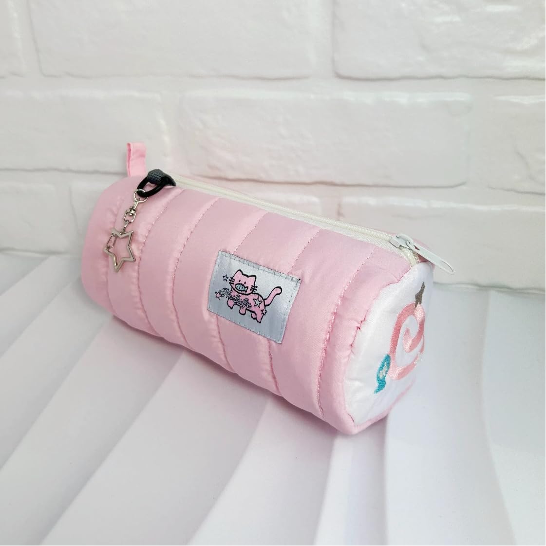 Pink Pen Bag Case Box Stocking Stuffers Cute Creative Cream Roll Cartoon Large Capacity Pink Cat Zipper Makeup Organizer Storage Bag Box Nice Gift (Pink&Cat)