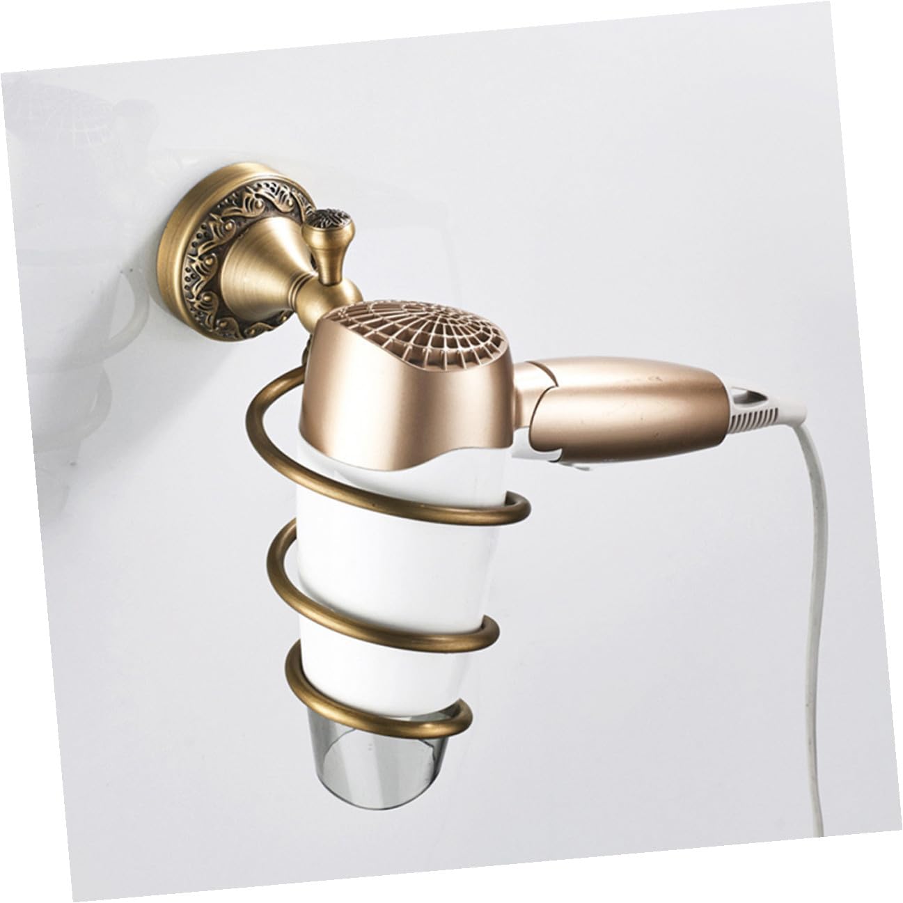 Soporte para Secador Pelo de Latón con Montaje Pared Organizador de Herramientas de Cabello Estante Espiral para Baño Compatible con Secadores y Rizadores