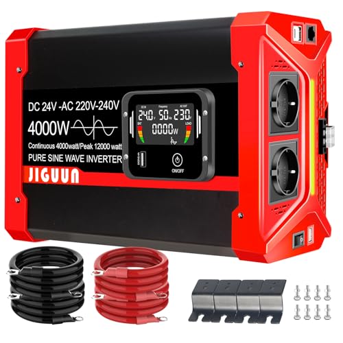 JIGUUN 4000W/12000W Inversor 24V 220V Onda Pura Convertidor Inverter con 2 Tomas EU y 3 Puertos USB y Tycp-C, Adecuado para Autocaravana, Camiones, Camping, Sistemas Fuera de la Red y más