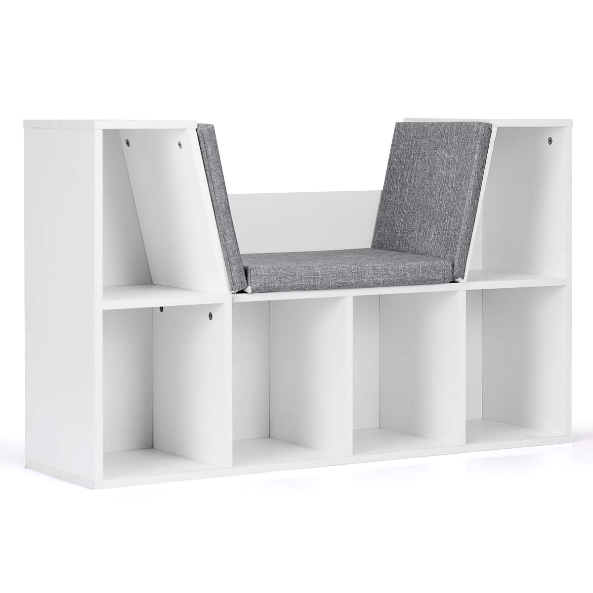 GYMAX Mobiletti per Bambini, Scaffale Libreria in Legno, Seduta con Cuscino, Carico 80 kg, Bianco, 102,5 x 30 x 63,5 cm