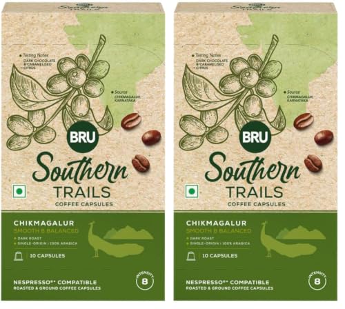 Image of Bru Southern Trails | Nespresso Compatible Coffee Capsules | Chikmagalur | Dark Roast | 100% Specialty Grade, Single Origin Arabica Coffee | 55g (Pack of 2)
