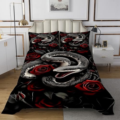 Castle Fairy Red Rose Floral Bedspread Queen Size Bedding for Teens Living Room Snake Flowers Decor Coverlet Set Wildlife Animals Quilt Set for All Season,3 Pcs with 2 Pillowcases
