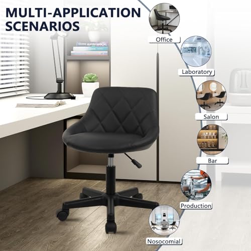 Image of KLASIKA Black Low Back Rolling Stool PU Leather Vanity Stools, Adjustable Height Ergonomic Swivel Rolling Desk Stool Work Office Swivel Chair, Makeup Salon Spa Stools