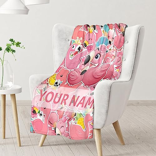 Personalized Flamingo Blanket Gifts with Name - 40x50 Inches Cute Throw for Women & Girls - Pink Soft Fuzzy Blankets for Bed, Couch & Living Room