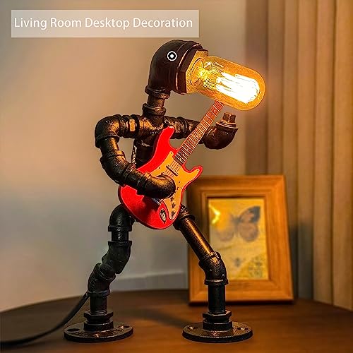Nomgeg Music Electric Guitar Table Lamp - Cool Stuff For Man Cave Room Desk Art Decor - Steampunk Pipe Man Retro Industrial Robot Lamp - Unique Guitar Gadget Gifts For Men #TOP5