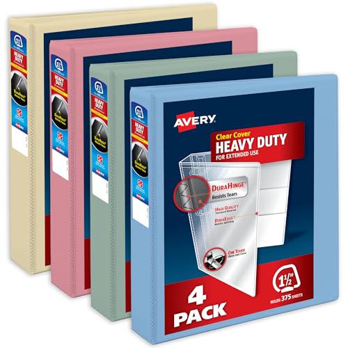 Avery Heavy-Duty View 3 Ring Binders 1.5 Inch One Touch Slant Rings 375-Sheet Capacity Assorted Pastel Colors 4-Pack (79634) for School Office Teachers Classrooms & Home Organization