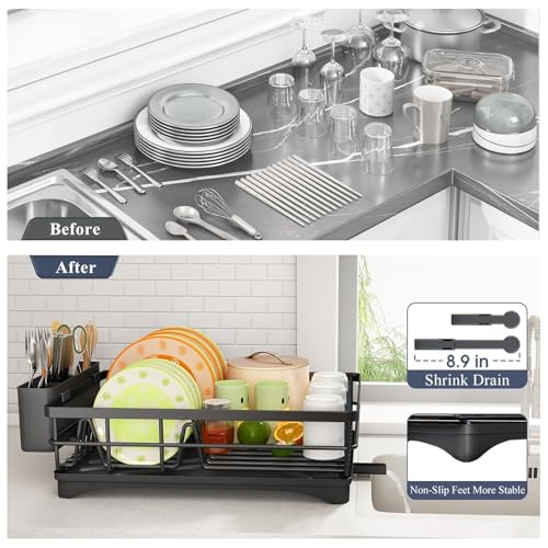 Image of Umite Chef Large Dish Drying Rack for Kitchen Counter, Black Metal Dish Drainer with Drainboard, Utensil Holder, Cup Holder, Rust Resistant Kitchen Dish Rack with Water Drain Spout for Countertop
