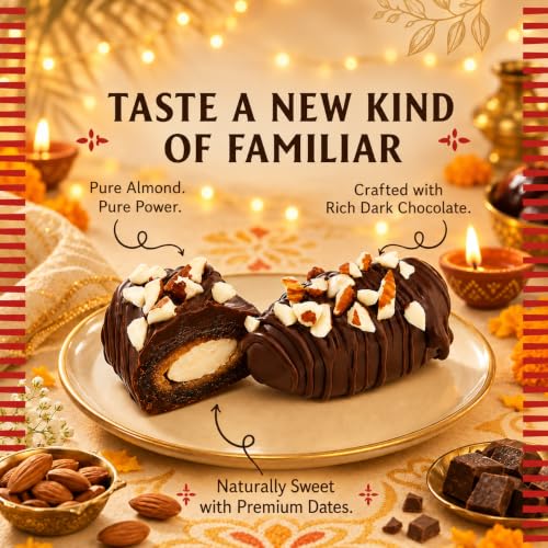 Image of 7 BAZAARI Premium Chocolate Dates with Almonds | Dark Chocolate Coated Dates Healthy Energy Snack | Gluten Free Gourmet Treat | 10 pcs