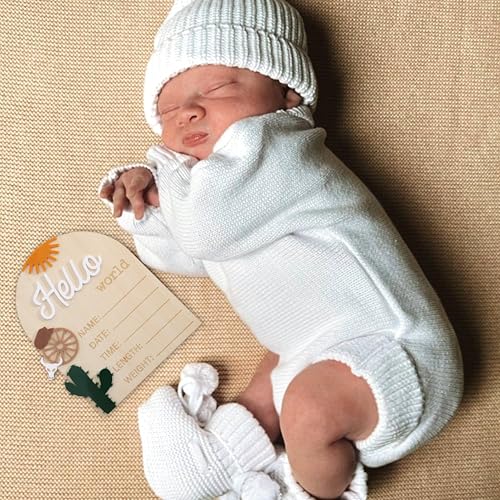 Image of Wooden inchHello World inch Baby Announcement Board - Newborn Birth Sign, Baby Shower Decor, Hospital Nursery Information Board, Baby Milestone Photo Prop, Gender Neutral Keepsake (Cowboy Hat Sun Cactus)