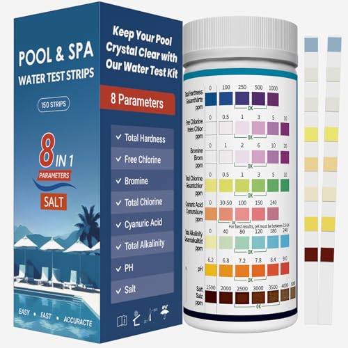 All-New 2026 8-in-1 Pool Test Strips -150 CT Pool Salt Test Strips | Salt Water Pool Testing Kit for Salt Water Pools, in & Above-Ground Pools, Hot Tubs&Spas| Quick&Accurate Testing Chlorine,pH,Salt