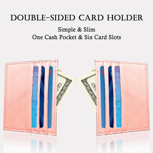 Image of WOXVM Credit Card Holder Wallet RFID Blocking Slim Credit Card Cases Holder Premium Leather Minimalist Front Pocket Small Wallet with 6 Card Slots and 1 Pockets for Men Women (Pink)