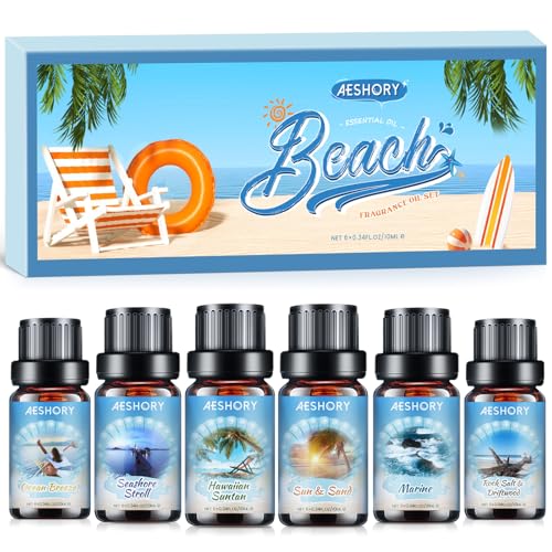 AESHORY Playa Aceites Esenciales para Humidificador 6 x 10ML, Set de Aceite de Fragancia de Aromaterapia de Verano - Tomar el Sol en Hawai/Brisa Marina/Sol & Arena/Sal de Roca & Madera Flotante/Marino