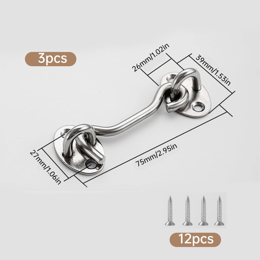 3Pcs 3 Inch Hook and Eye Latch, 75mm Stainless Steel Gate Hook Cabin Hooks, Eye Latch Door Lock Hooks Lock - Image 2