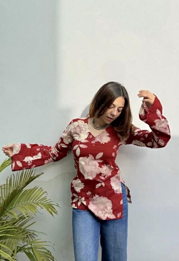 Image of FELISIA Women's Rayon Floral Printed Full Sleeves V-Neck Short Kurti, Bell Sleeves, Short Kurti for Woman, Stylish Ethnic Top, Daily Casual Western & Office wear