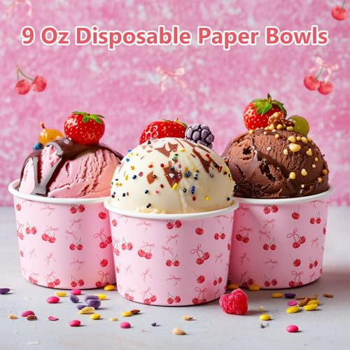 Image of Funnymoom 50 Pack Cherry Bow Ice Cream Cups 9 oz Pink Bow Cherry Disposable Dessert Bowls Coquette Paper Soup Bowls Snack Cups for Hot or Cold Food for Baby Shower Wedding Bachelorette Birthday Party