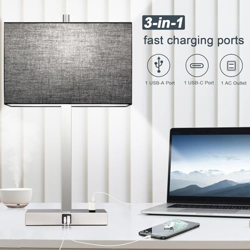 Image of 21 inch Touch Bedside lamps with 2 USB & AC Outlets, 3-Way Dimmable Bedside Table Lamps Set of 2 for Bedroom Living Room Office Reading, Black Shade Lamps for Night Stands, 5000K LED Bulbs Included