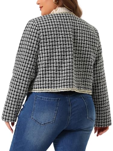 Agnes Orinda Plus Size Plaid Tweed Blazer for Women Collarless Long Sleeve Open Front Work Short Jacket4