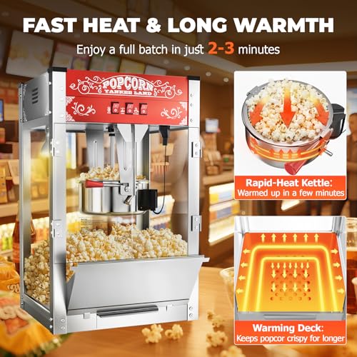 Image of 20 Oz Commercial Popcorn Machine, Movie Theater Popcorn Machine, Red Tabletop Pop corn Machine with 3-Switch Control & Steel Frame Tempered Glass Doors
