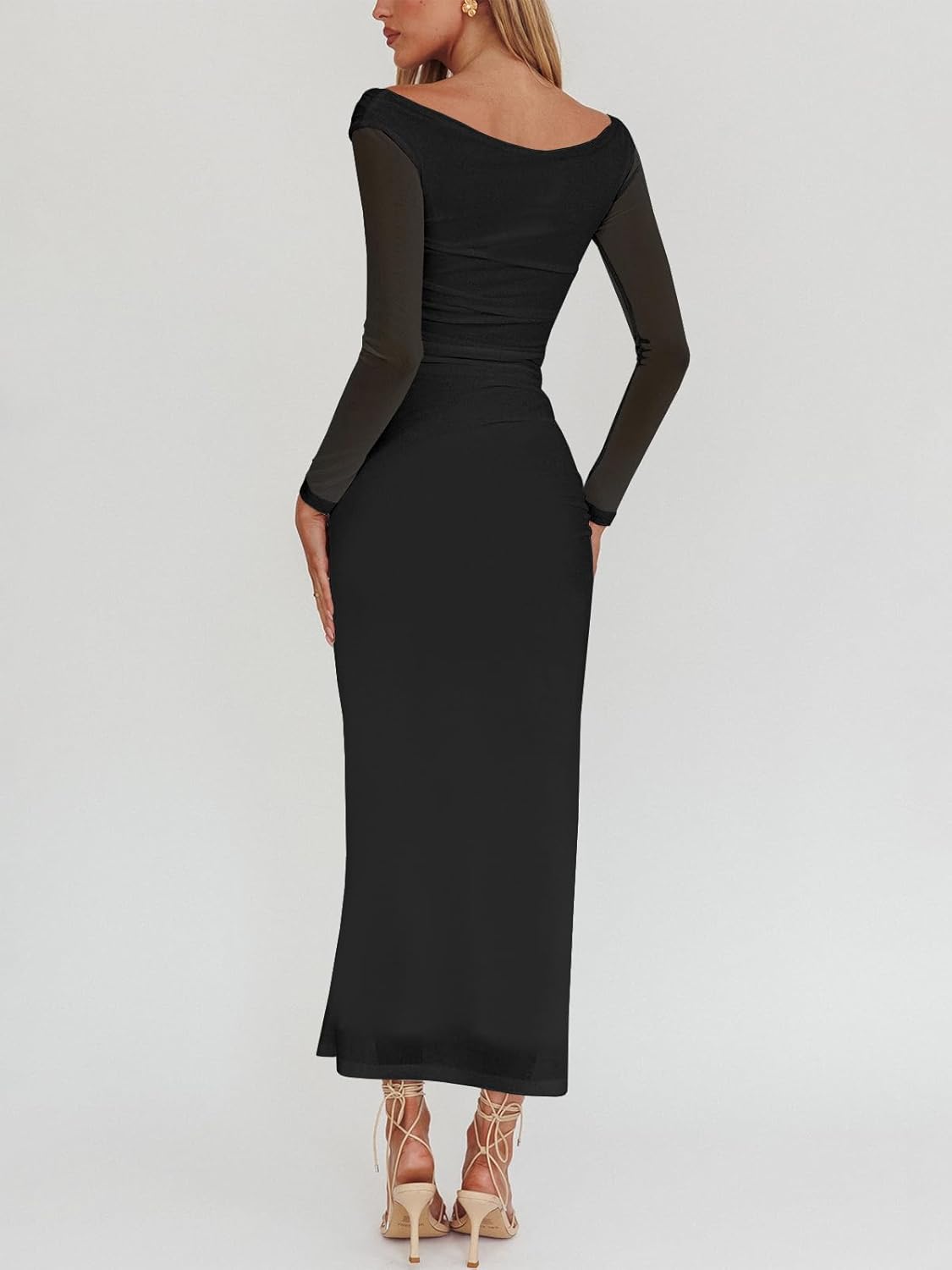 Women's Bodycon Ruched Mesh Long Sleeve Maxi Dress Sexy Elegant Cocktail Party Formal Long Dresses - Image 2