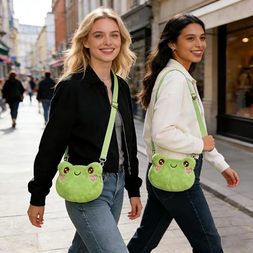 Image of Cute Frog Crossbody Bag for Women - Kawaii Fluffy Purse Small Novelty Purse Stuffed Animal Bag with Adjustable Strap (Green) | Soft Cotton Blend