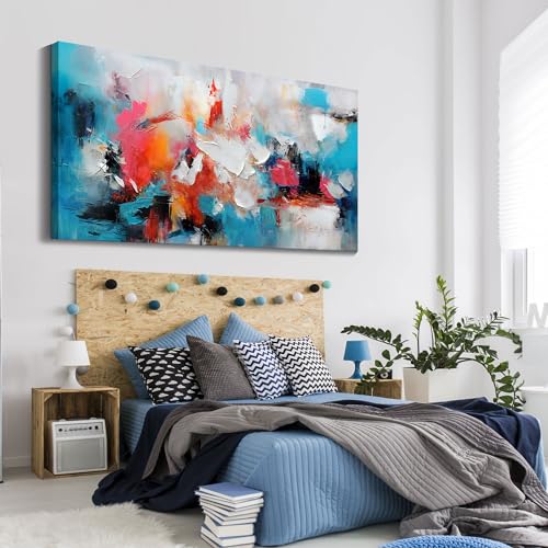 Image of Large bstract Wall Art Canvas Wall Art for Living Room Hand-Painted Art in Blue and Pink Office Wall Decor Paintings for Wall Decorations Modern Wall Decor for Bedrooms and dining Room 29x58in