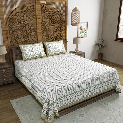 Image of BLOCKS OF INDIA Hand Block Printed 200 TC Cotton Super King Size Bedsheet(106 x 106) (Multi 11)