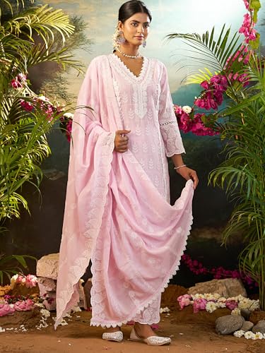 Image of INDO ERA Women's Straight Pure Cotton Ethnic Motifs Embroidered Kurta & Pant with Dupatta Set (IEOUT10190)