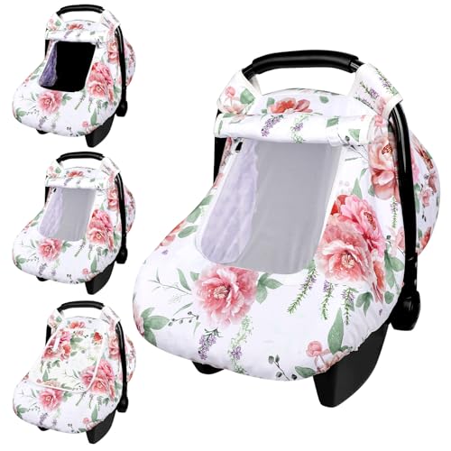 Image of Baby Carseat Cover Girls, Pea Pod Floral Infant Car Seat Covers Canopy for Newborn with 2 Layers Windows of Breathable Mesh/Fabric, Lightweight Polyester/Minky Dot Backing, Snug Fit Most Baby Car Seat