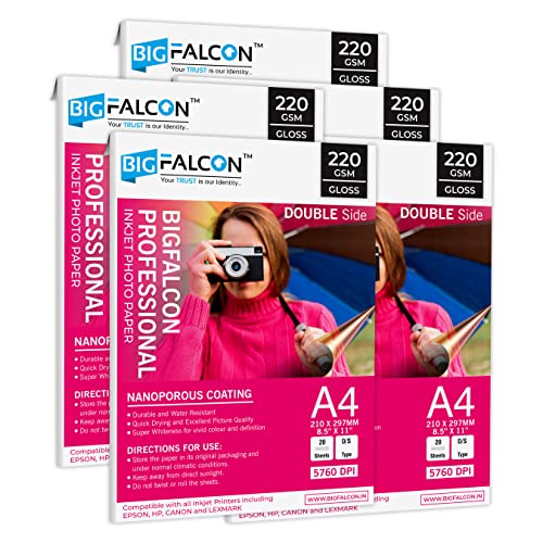 Image of BIGFALCON Professional A4 (8.5x11 inch) 220 GSM Double Sided Glossy Inkjet Photo Paper Premium Dual Sided Printing for Stunning Photos (Pack of 5-100 Sheets)