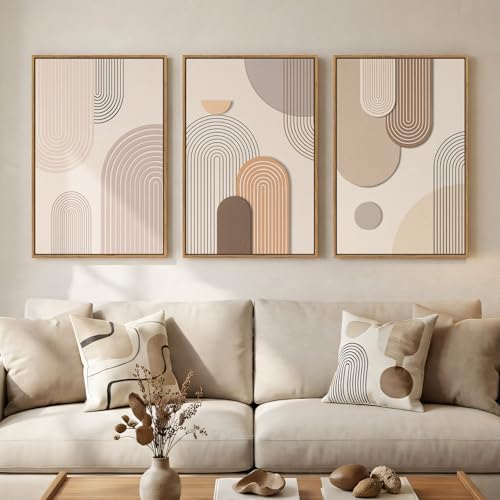 3 Piece Framed Neutral Boho Wall Art for Living Room, Large Minim...