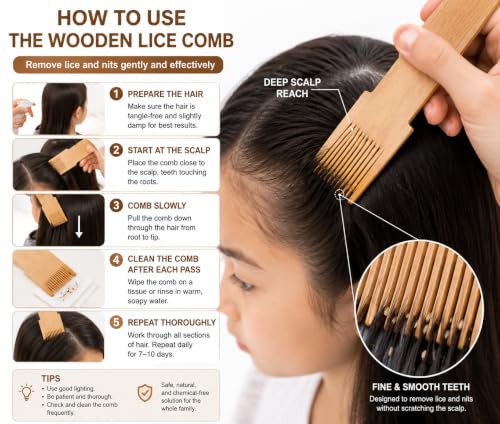 Image of Wooden Fine Tooth Dust Lice Comb Remove Clean Hair Combs For Lice Nits Eggs Bugs Removal From Hairs Eeroli Eerkoli Set For Men Women Kids