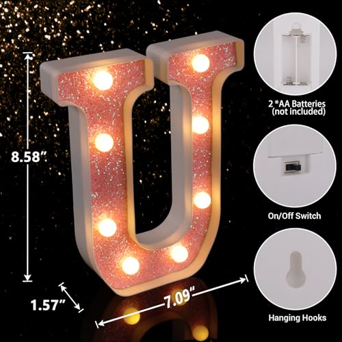 Image of LED Letter Lights Pink Glitter Marquee Letters Light Up Alphabet Letters Sign Battery Powered for Home Party Decoration Night Bar Wedding Birthday Christmas Lamp Girls Gift - Letter U