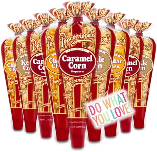 Popcornopolis Gourmet Popcorn Mini cone 15 pack - Classic Including Caramel Corn, Cheddar Cheese and Kettle Korn & Exclusive Inspirational Sticker!