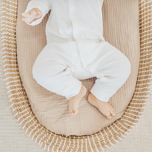 Image of Konssy Muslin Bassinet Sheets for Baby Girl Boy, 2 Pack Soft Breathable Baby Bassinet Mattress Sheets Fit for Hourglass Oval Cradle, Moses Basket Rectangle Mattress (Blossom,Cream)