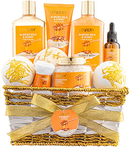 Gift Basket For Women â 10 Pc Almond Milk & Honey Beauty & Personal Care Set - Home Bath Pampering Package for Relaxing Stress Relief - Spa Self Care Kit - Thank You, Birthday, Mom, Mother's Day Gift