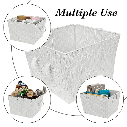 Image of Simplify Large Woven Strap Tote | Decorative Storage Basket | 2 Handles | Organization | Closet | Bedroom | Bathroom | Nursery | Accessories | Toys | Gifts | 4 Pack | White