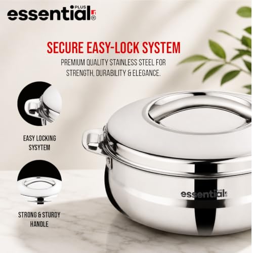 Image of BERGNER Essential Plus Stainless Steel Belly Shape Hot Pot 2000ml, Double Wall Roti Casserole, Food Grade, Hot and Cold Storage, for Rotis /Parathas /Pulao /Biryani, Hot for Hours, Easy to Clean