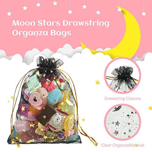 Shappy 150 Pieces Moon Stars Drawstring Organza Bags Jewelry Gift Bags Pouches Gold Star Organza Favor Pouches for Christmas Wedding Party (Black, 3.5 x 4.7 Inch)