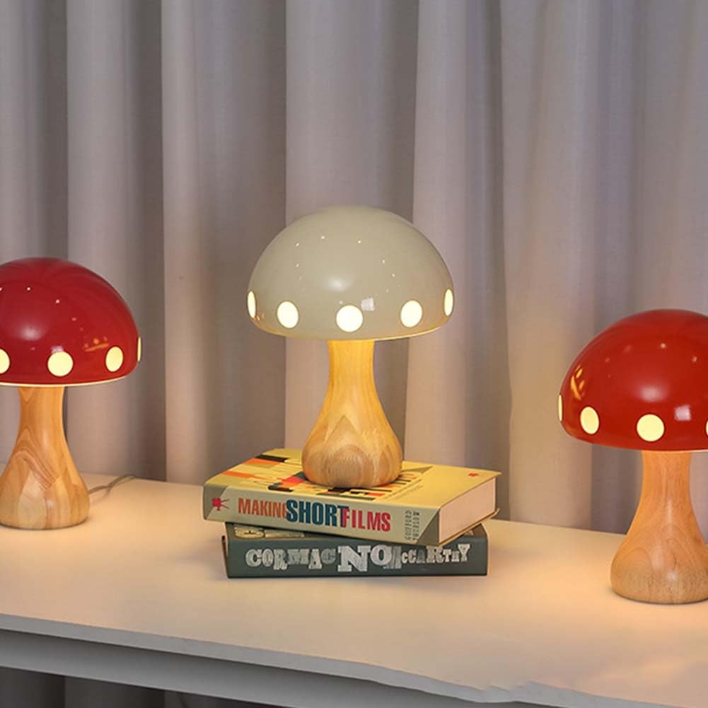 LED Pilz Lampe Rot Mushroom Tischleuchte Holz Dimmbare 3 Farbmodi Tischlampe Innen Pilz Dekor Nachttischlampe mit Kabel Schalter Schreibtischlampe Modern Wohnzimmer Beleuchtung Lichte,Beige