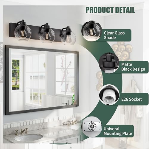 Image of Bathroom Light Fixtures-Matte Black Vanity Lights for Bathroom, Modern Black Vanity Lights 3-Light Bathrooms Lighting Fixtures Over Mirror with Clear Glass Shade