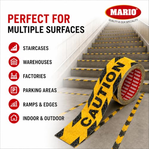 Image of Mario Caution Anti Skid Anti Slip Tape 50mm (2 Inch) x 5m | High Traction Waterproof Safety Grip Tape for Stairs, Ramps, Warehouse, Factory, Parking & Loading Areas | Indoor Outdoor Slip Resistant