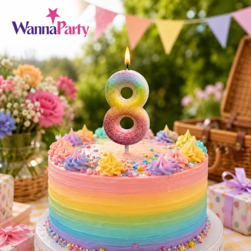Image of Wanna Party Glitter Colorful 8th Birthday Candle, Birthday Number 8 Cake Candle Cake Toppers for Girl Women, Glitter Colorful Themed Party Decorations Supplies Birthday Gifts