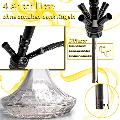 Black Series Shisha 4 Anschlüsse Set (Diffusor, Kopf mit Sieb & Schnellverschluss) - Glas Bowl Alu Shisha 4 Schlauch… – Bild 3
