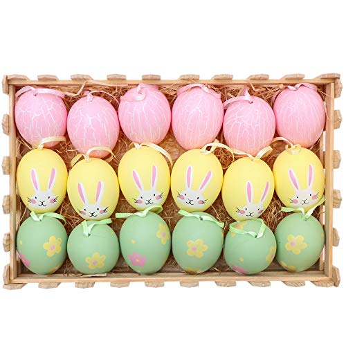 Victor's Workshop 18Pcs 2,36Pouces/6cm Oeufs de Pâques Décoration de Pâques en Plastique, Cadeaux de Chasse de Pâques pour Les Enfants/Panier/Arbre, Printemps Naturel Rose Jaune et Vert Cover