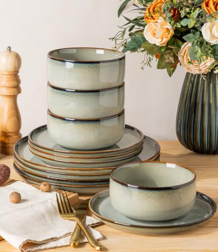 Image of TheTerra Ceramic Dinnerware Set for 4, 12-Piece Plates and Bowls Set