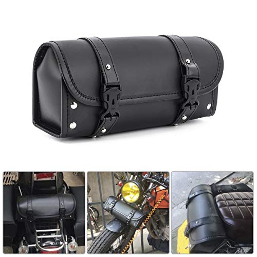 Motorcycle Tool Bag, Universal Pu Leather Motorcycle Fork Bag Saddlebags Handlebar Bag Sissy Bar Storage Tool Bag Compatible With Honda Kawasaki Suzuki Yamaha Sportster (Black-1) #TOP2
