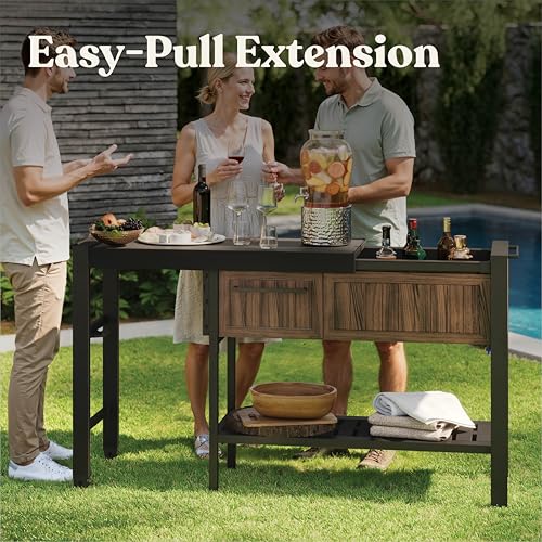 Image of Keter Extendable Outdoor Bar Cart with Hidden Cooler, Storage Drawers & Prep Surface - Mobile Patio Serving Station with Drainage Kit & Hidden Wheels for Backyard, Garden & Poolside Entertaining